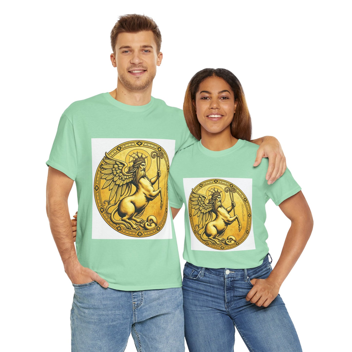 Unisex Heavy Cotton T-Shirt, Golden Angel Coin v1, Virgo Zodiac Design