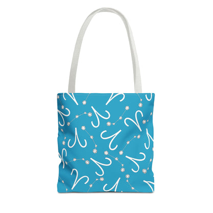 Tote Bag, Aries Zodiac Sign, AOP, (Turquoise, White)