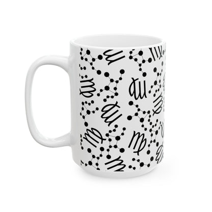 Ceramic Mug, (11oz, 15oz), Ceramic Coffee Mug, AOP, Constellation & Symbol, Virgo Zodiac Design