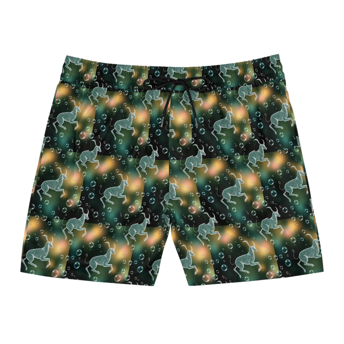 Men's Mid-Length Swim Shorts, (AOP), Capricorn, Zodiac v1, Bubble Pattern