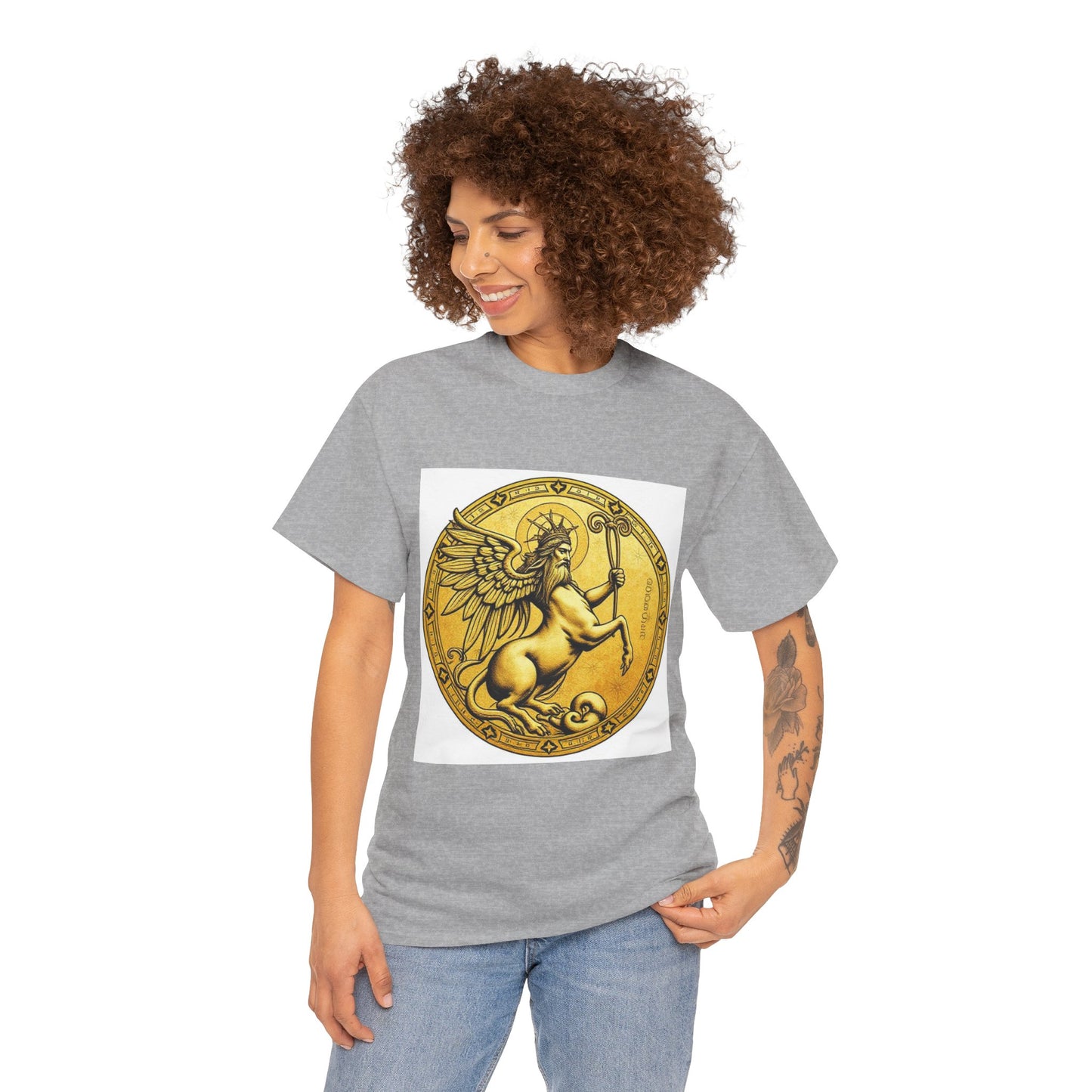 Unisex Heavy Cotton T-Shirt, Golden Angel Coin v1, Virgo Zodiac Design
