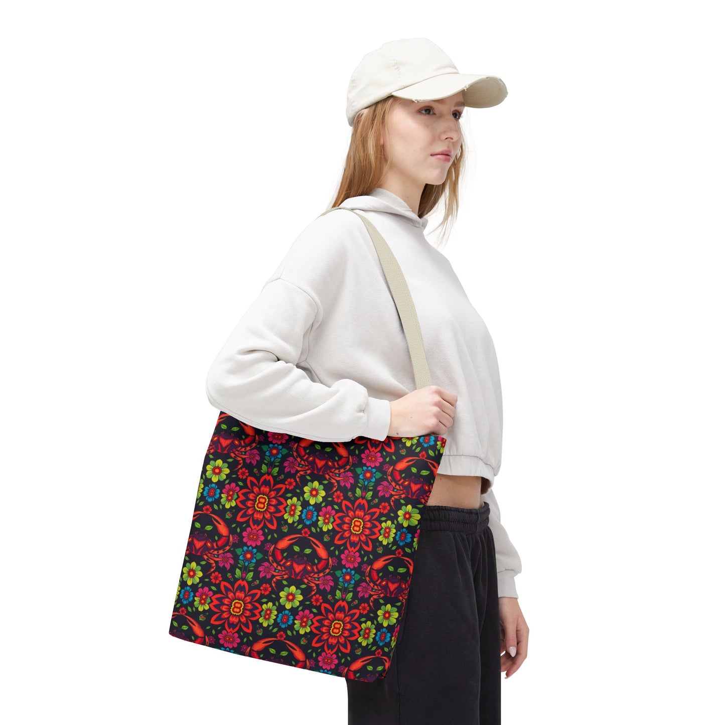 Tote Bag, (AOP), Cancer, Zodiac, Flower Pattern