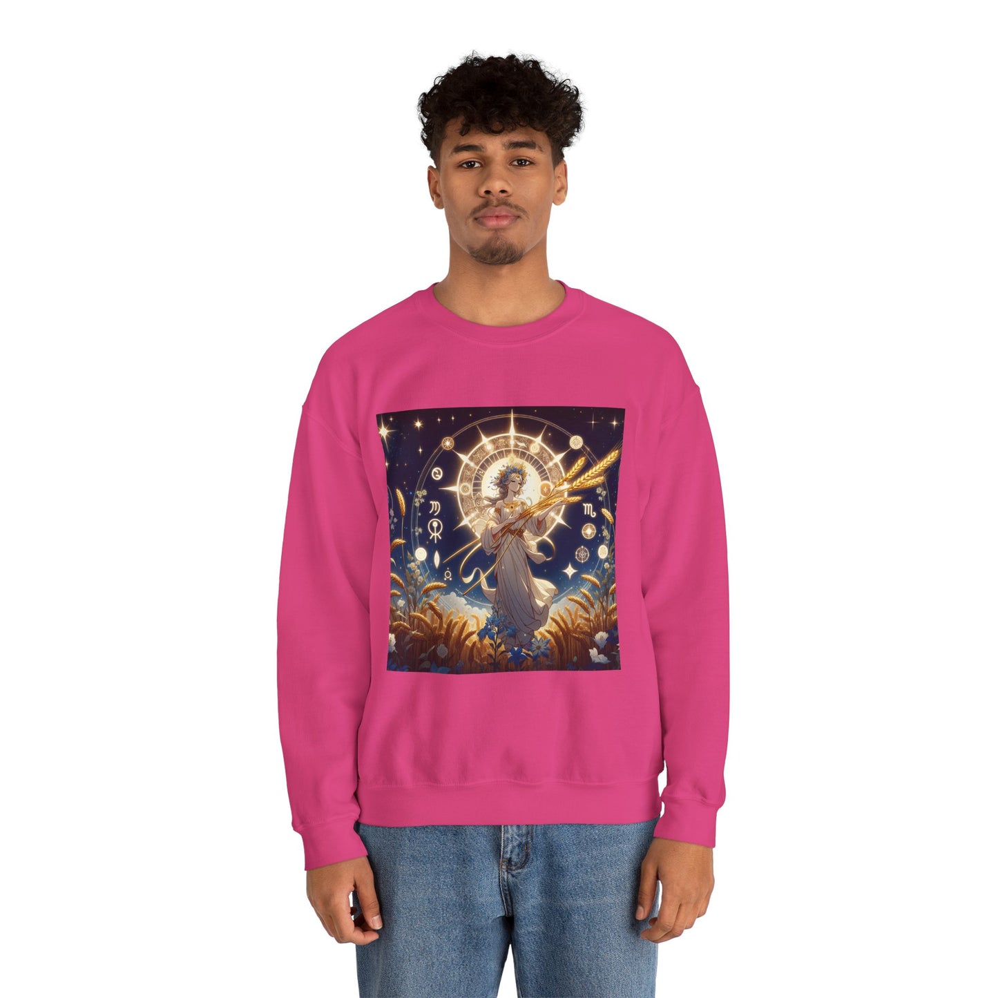 Unisex Heavy Blend™ Crewneck Sweatshirt, anime girl in wheat field, Virgo Zodiac Design