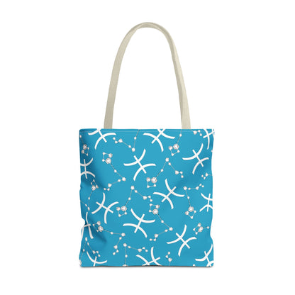 Tote Bag, Pisces Zodiac Sign, AOP, (Turquoise, White)