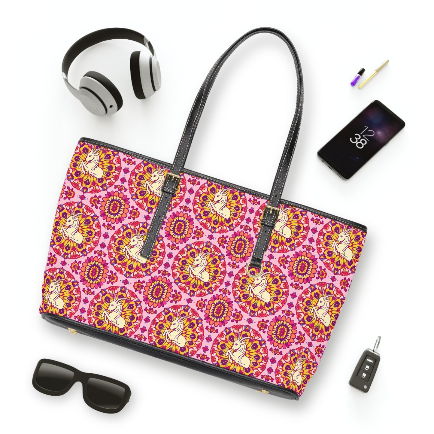 Leather Shoulder Bag, Capricorn, Zodiac, Flower Pattern