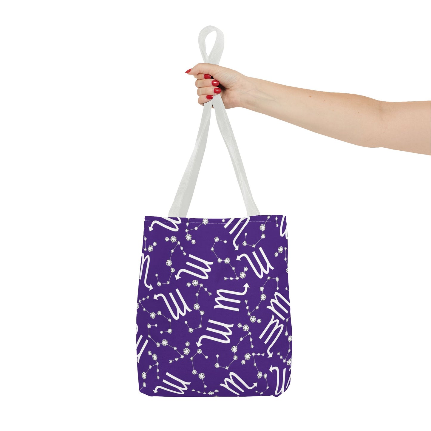 Tote Bag, Scorpio Zodiac Sign, AOP, (Purple, White)