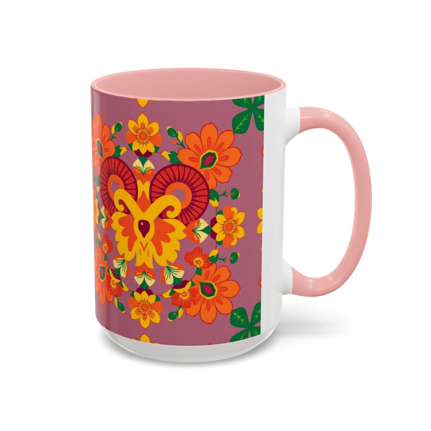 Accent Coffee Mug, Aries, Zodiac v1, Flower Pattern, (11, 15oz)