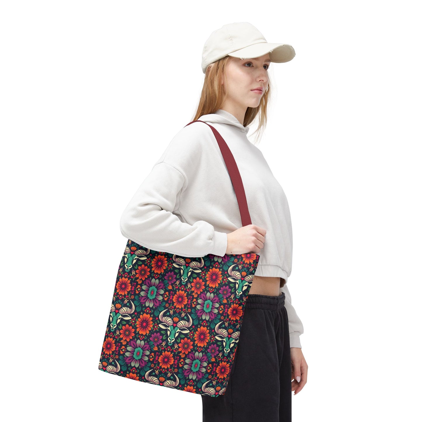 Tote Bag, (AOP), Taurus, Zodiac, Flower Pattern