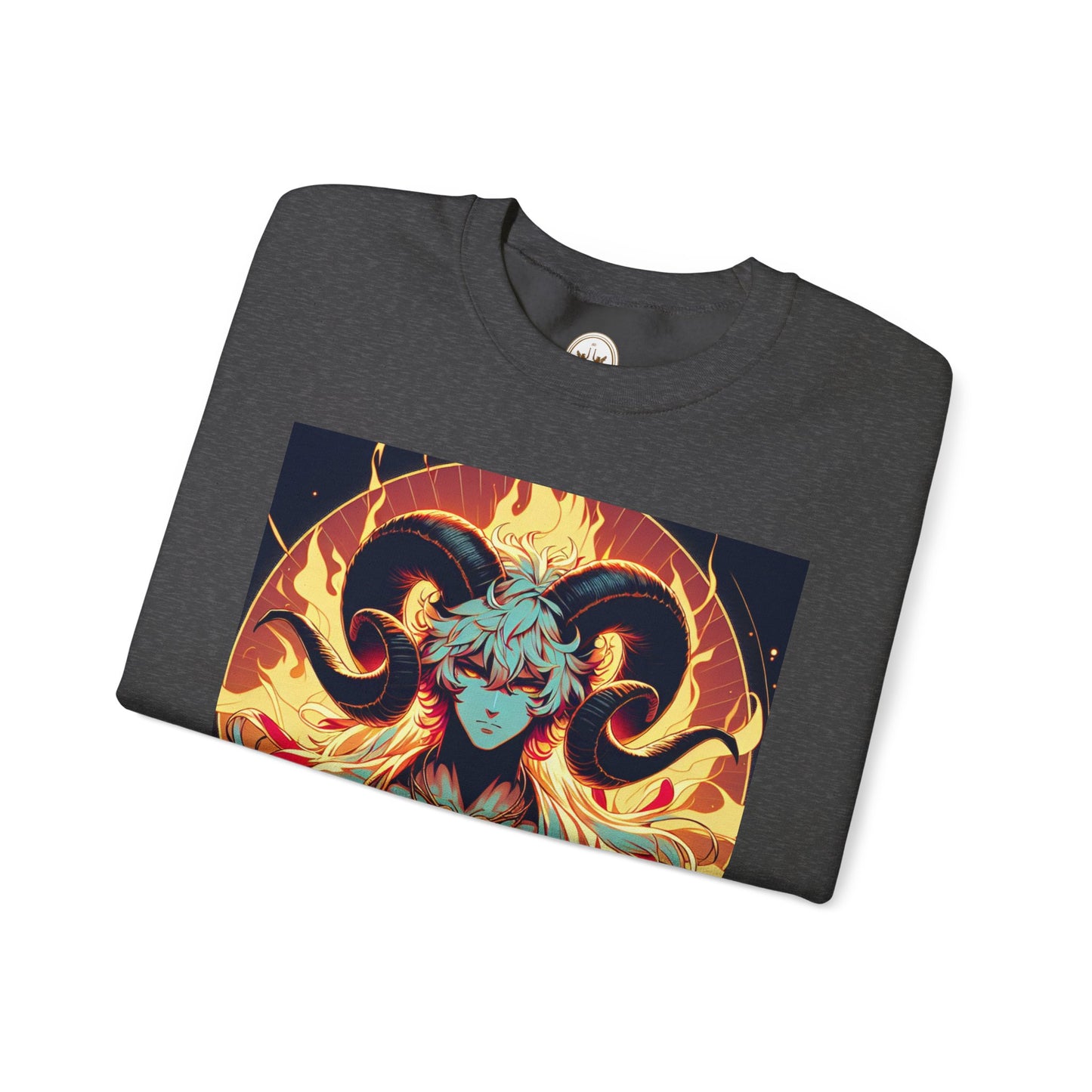 Unisex Heavy Blend™ Crewneck Sweatshirt, Anime Fire Aries, Zodiac Design