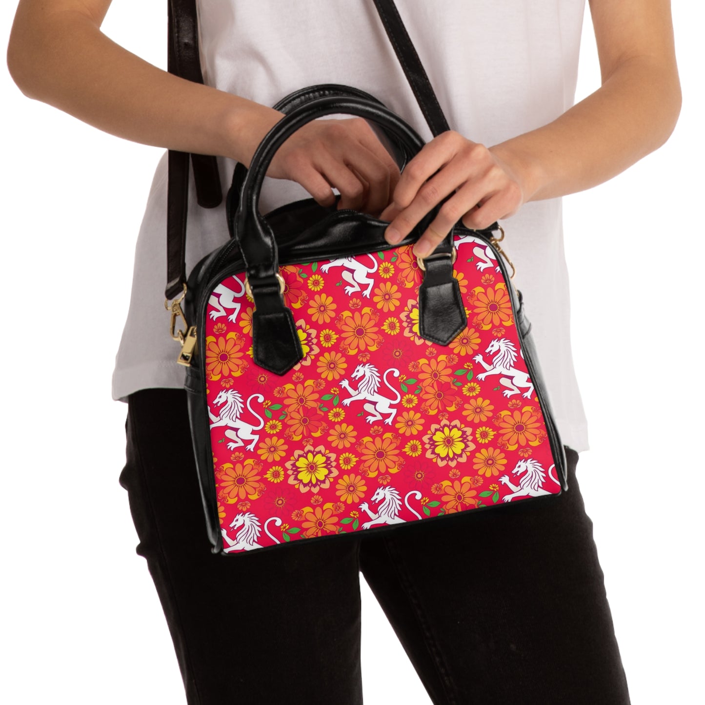 Shoulder Handbag, Leo, Zodiac v2, Flower Pattern