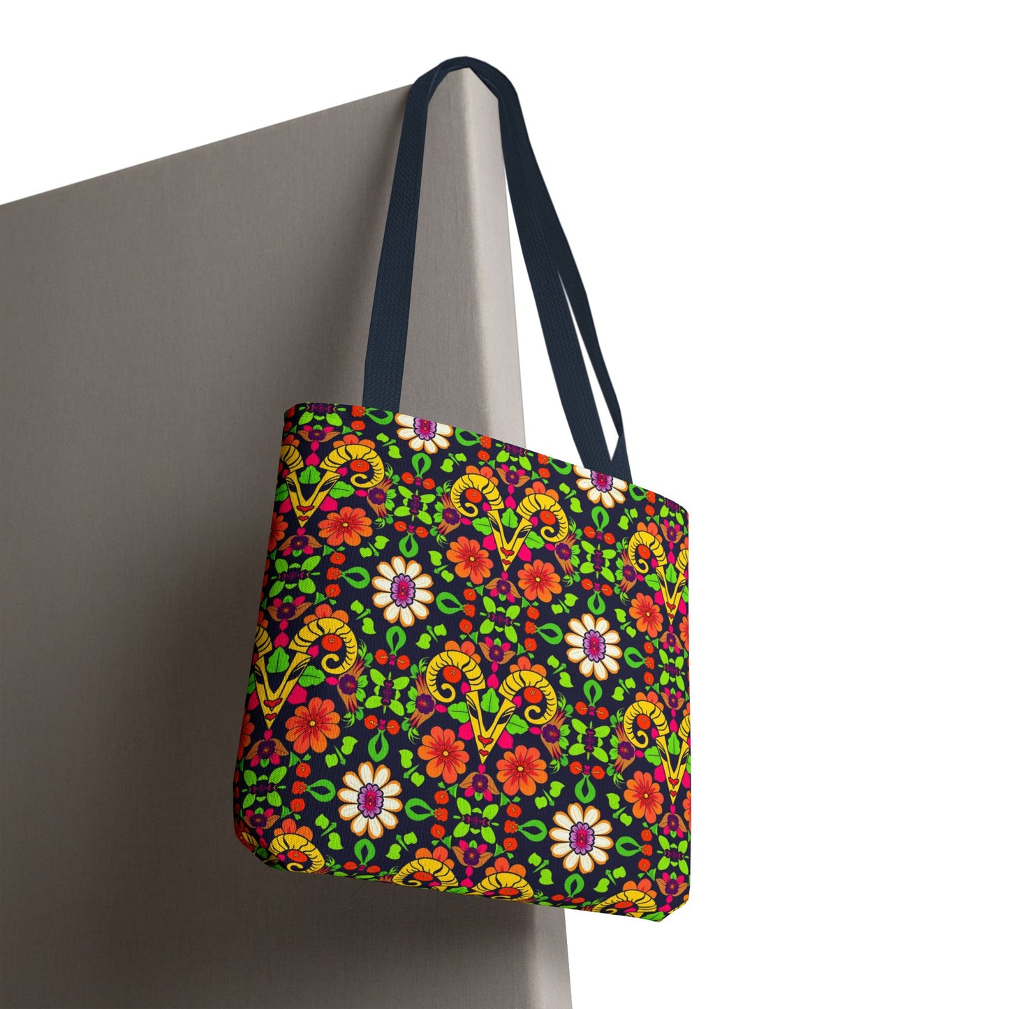 Tote Bag (AOP), Aries, Zodiac, Flower Pattern