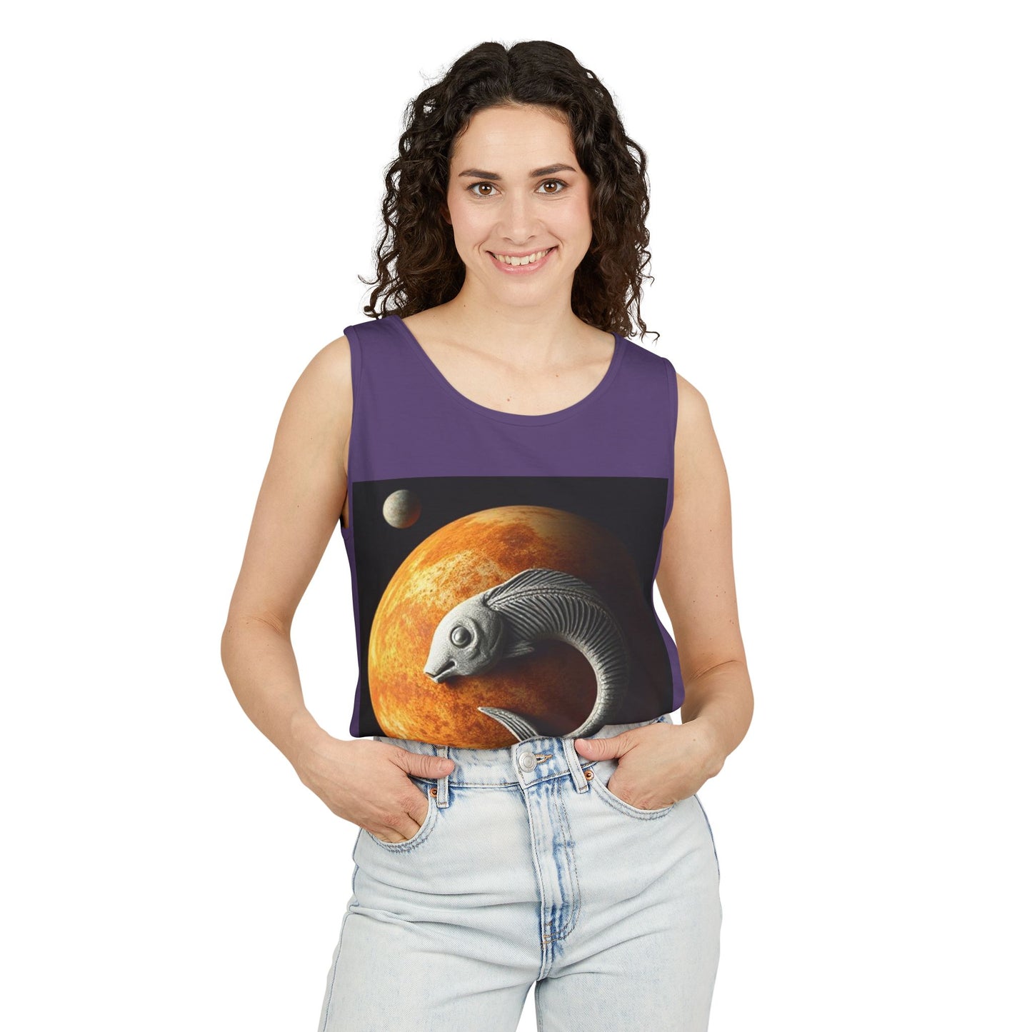 Unisex Garment-Dyed, Tank Top, Pisces Design, Space Animal, 100% US cotton