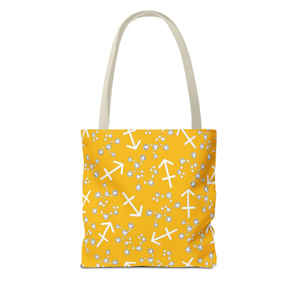 Tote Bag, Sagittarius Zodiac Sign, AOP, (Yellow, White Print)