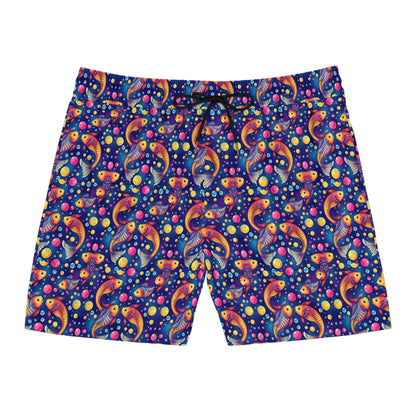 Men's Mid-Length Swim Shorts, (AOP), Pisces, Zodiac v4, Bubble Pattern