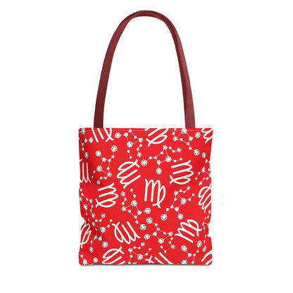 Tote Bag, Virgo Zodiac Sign, AOP, (Red, White)