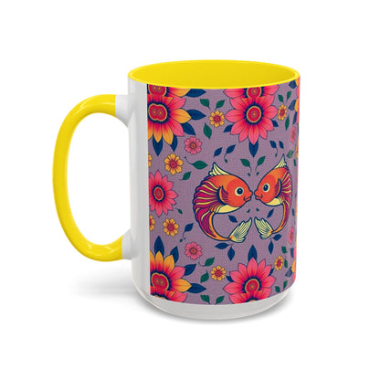 Accent Coffee Mug, Pisces, Zodiac v2, Flower Pattern, (11, 15oz)