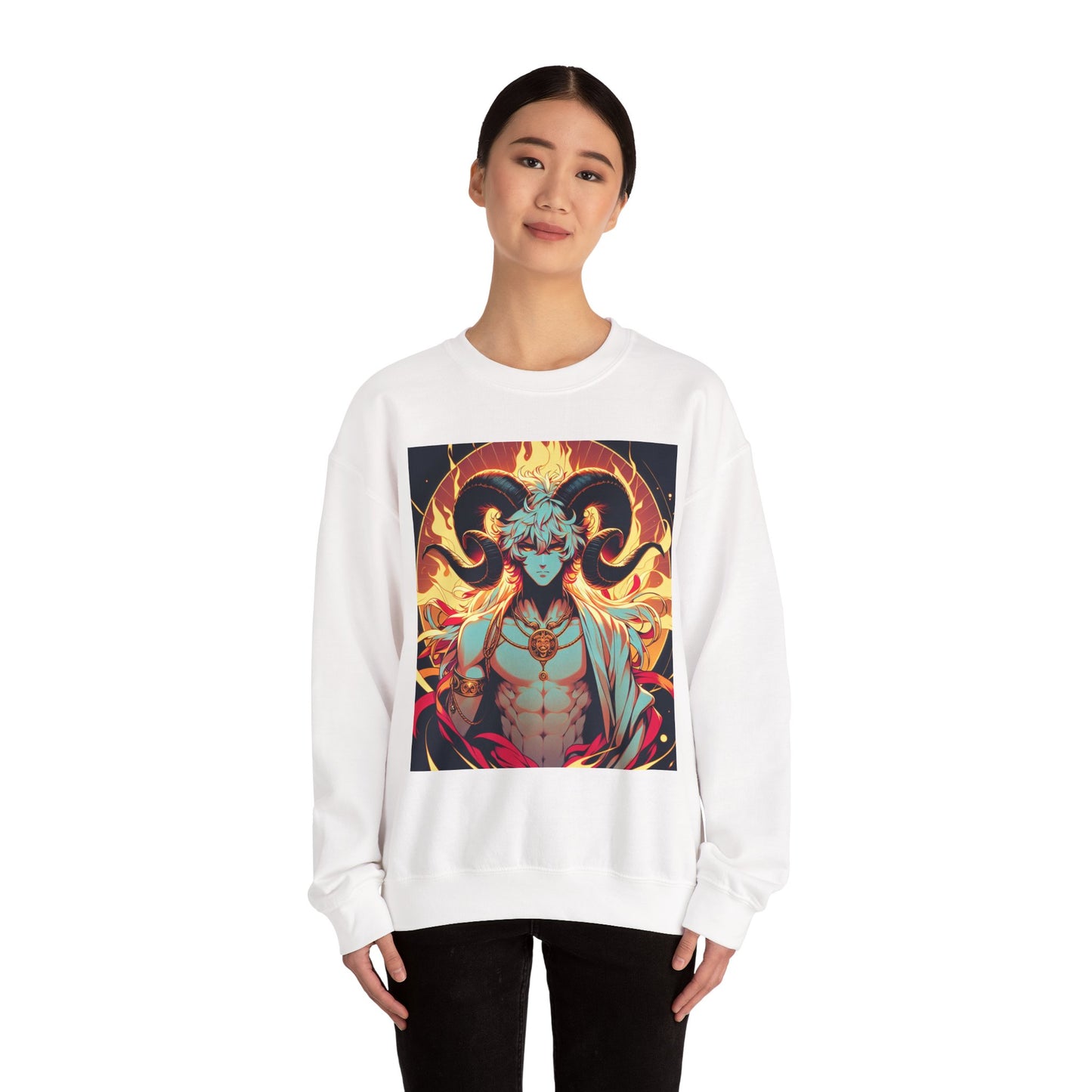 Unisex Heavy Blend™ Crewneck Sweatshirt, Anime Fire Aries, Zodiac Design