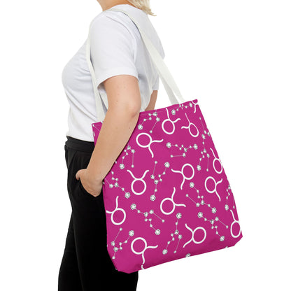 Tote Bag, Taurus Zodiac Sign, AOP, (Pink, White)