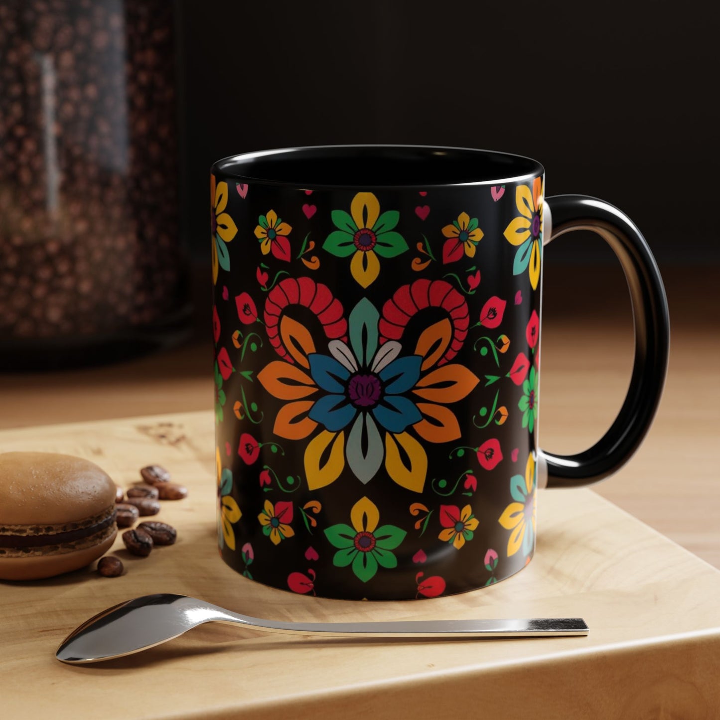 Accent Coffee Mug, Aries, Zodiac v3, Flower Pattern, (11, 15oz)