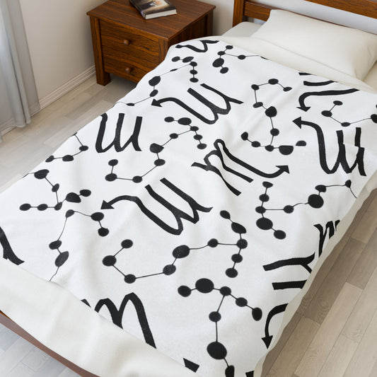 Velveteen Plush Blanket, Scorpio Zodiac Sign, Constellation & Symbol, White, 100% polyester
