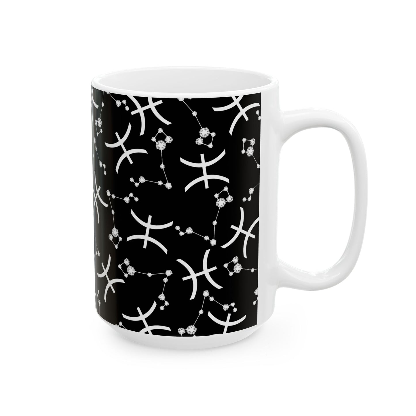 Ceramic Mug, (11oz, 15oz), Ceramic Coffee Mug, Black AOP, Pisces Zodiac Design