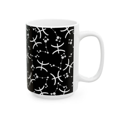 Ceramic Mug, (11oz, 15oz), Ceramic Coffee Mug, Black AOP, Pisces Zodiac Design