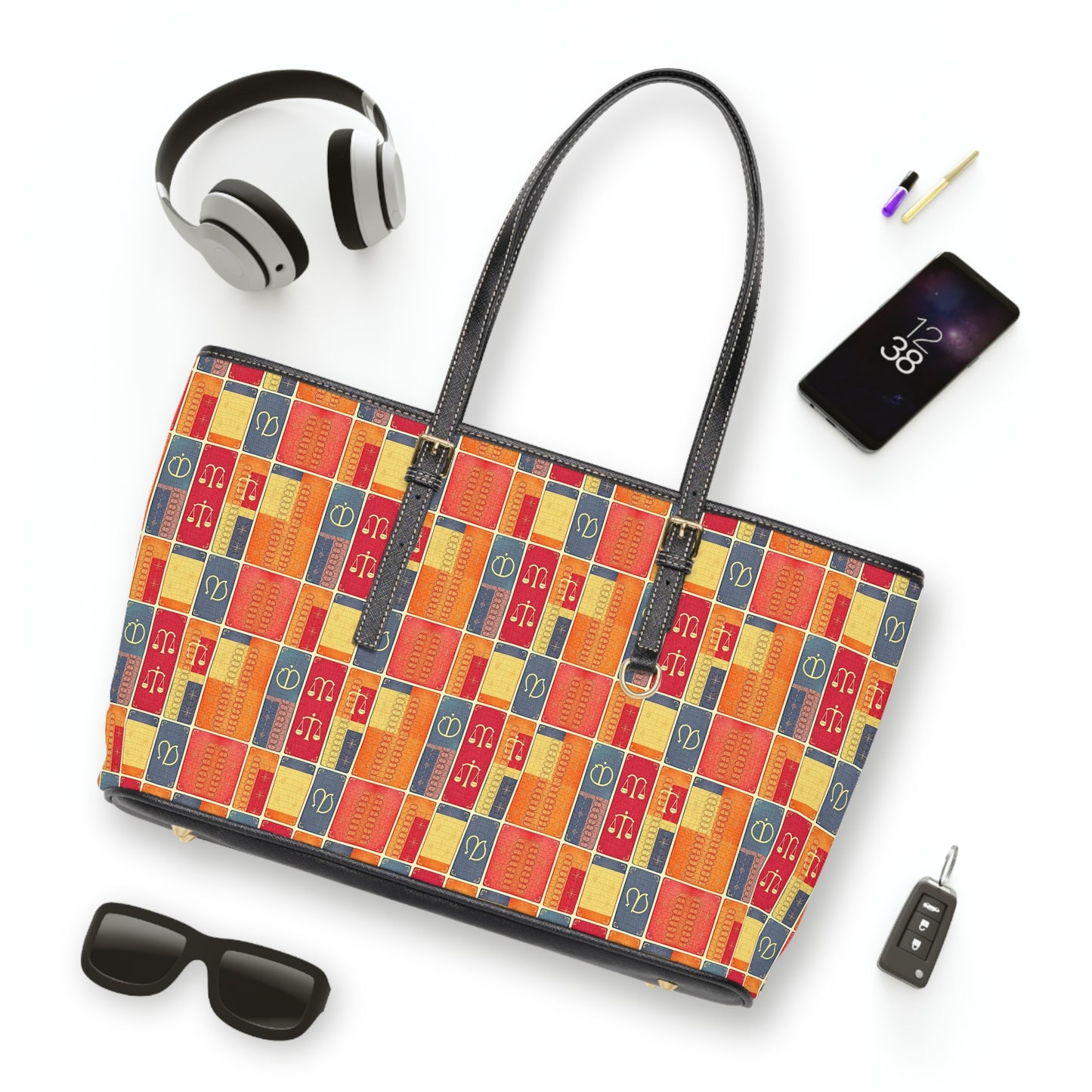 Leather Shoulder Bag, Libra, Zodiac v4, Shapes Pattern