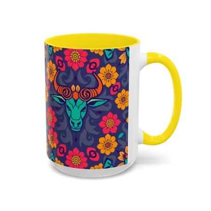 Accent Coffee Mug, Taurus, Zodiac. Flower Pattern, (11, 15oz)