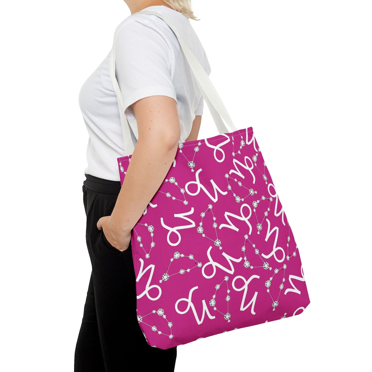 Tote Bag, Capricorn Zodiac Sign, AOP, (Pink, White)