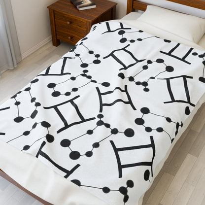Velveteen Plush Blanket, Gemini Zodiac Sign, Constellation & Symbol, White, 100% polyester