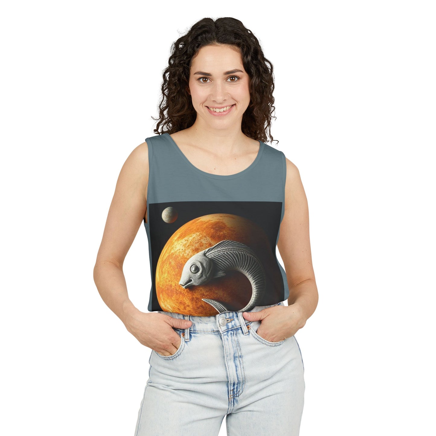 Unisex Garment-Dyed, Tank Top, Pisces Design, Space Animal, 100% US cotton