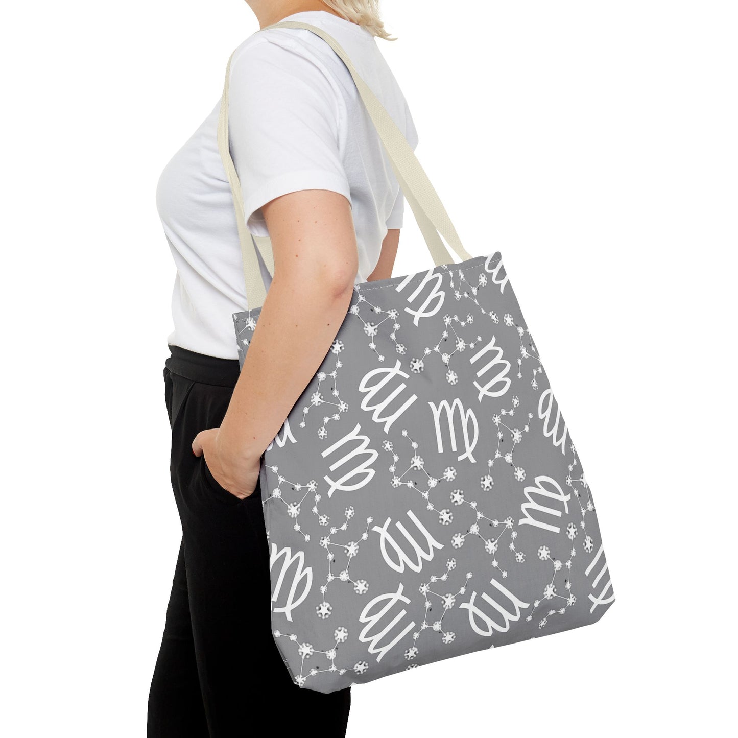 Tote Bag, Virgo Zodiac Sign, AOP, (Grey, White)