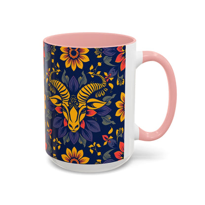 Accent Coffee Mug, Taurus, Zodiac v1. Flower Pattern, (11, 15oz)