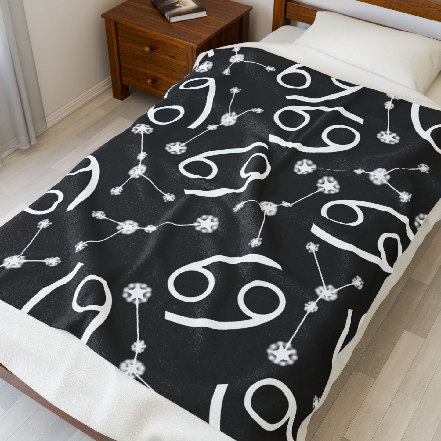 Velveteen Plush Blanket, Cancer Zodiac Sign, Constellation & Symbol, Black, 100% polyester