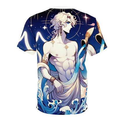 Unisex Cut & Sew T-Shirt (AOP), Anime Character, Aquarius Zodiac Design, Regular fit, 100% Polyester