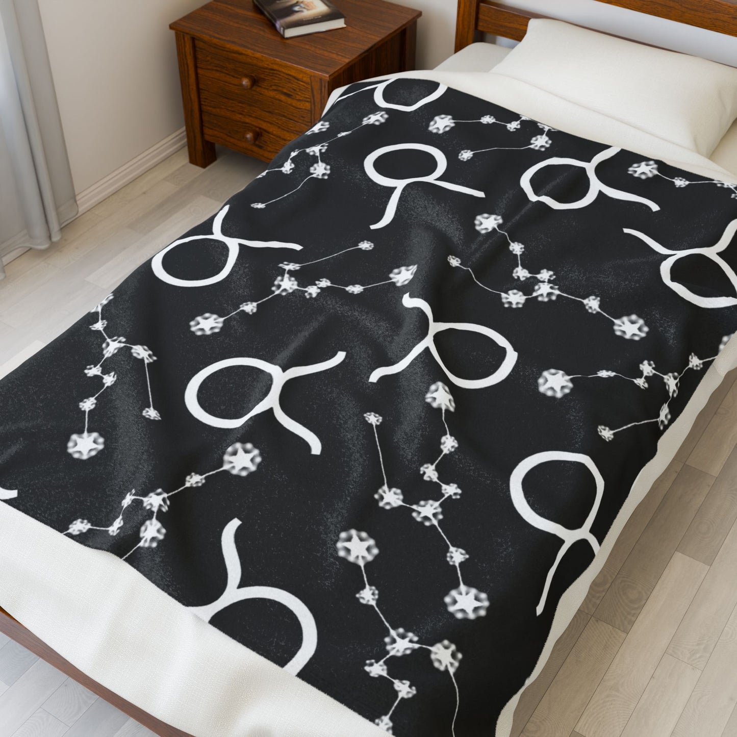 Velveteen Plush Blanket, Taurus Zodiac Sign, Constellation & Symbol, Black, 100% polyester