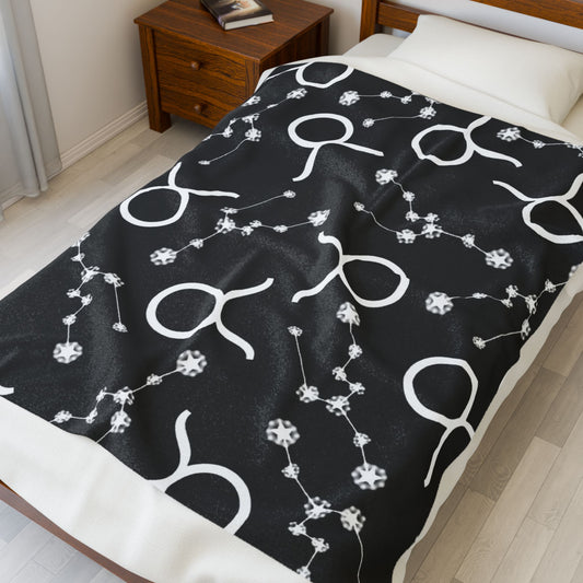 Velveteen Plush Blanket, Taurus Zodiac Sign, Constellation & Symbol, Black, 100% polyester