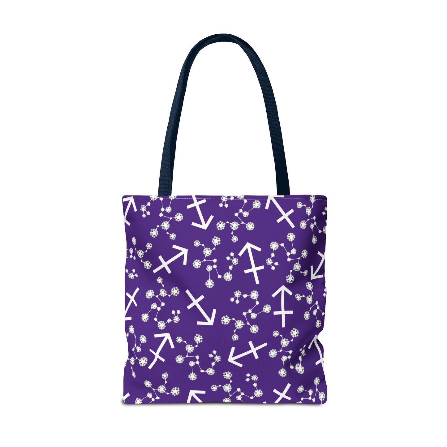Tote Bag, Sagittarius Zodiac Sign, AOP, (Purple, White Print)