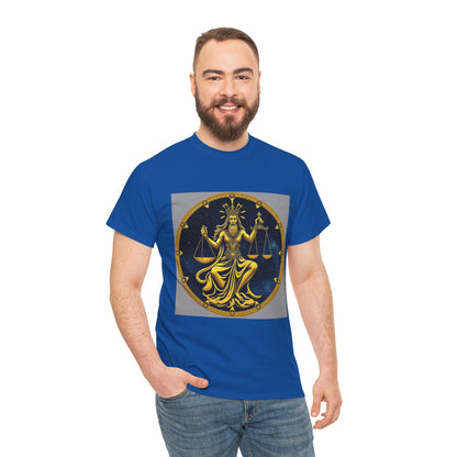 Unisex Heavy Cotton T-Shirt, Gold v1, Libra God, Zodiac Design