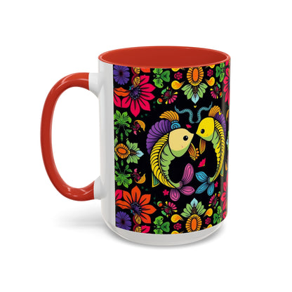 Accent Coffee Mug, Pisces, Zodiac v3, Flower Pattern, (11, 15oz)