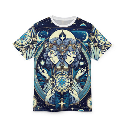 Unisex Cut & Sew T-Shirt (AOP), Twin Heads, Gemini Zodiac Design, Regular fit, 100% Polyester