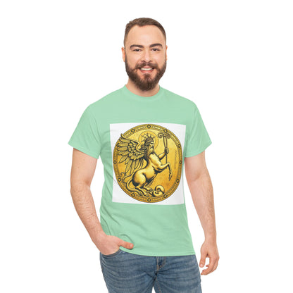 Unisex Heavy Cotton T-Shirt, Golden Angel Coin v1, Virgo Zodiac Design