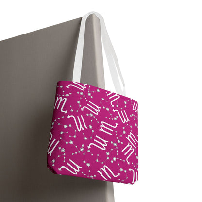 Tote Bag, Scorpio Zodiac Sign, AOP, (Pink, White)