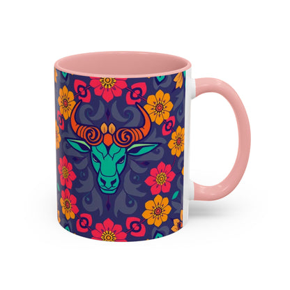 Accent Coffee Mug, Taurus, Zodiac. Flower Pattern, (11, 15oz)