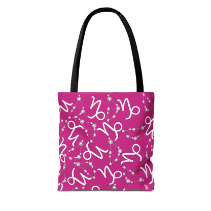 Tote Bag, Capricorn Zodiac Sign, AOP, (Pink, White)