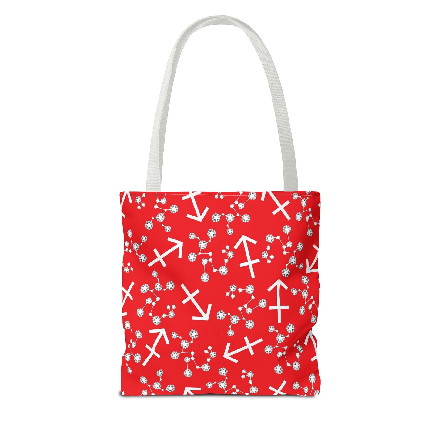 Tote Bag, Sagittarius Zodiac Sign, AOP, (Red, White Print)