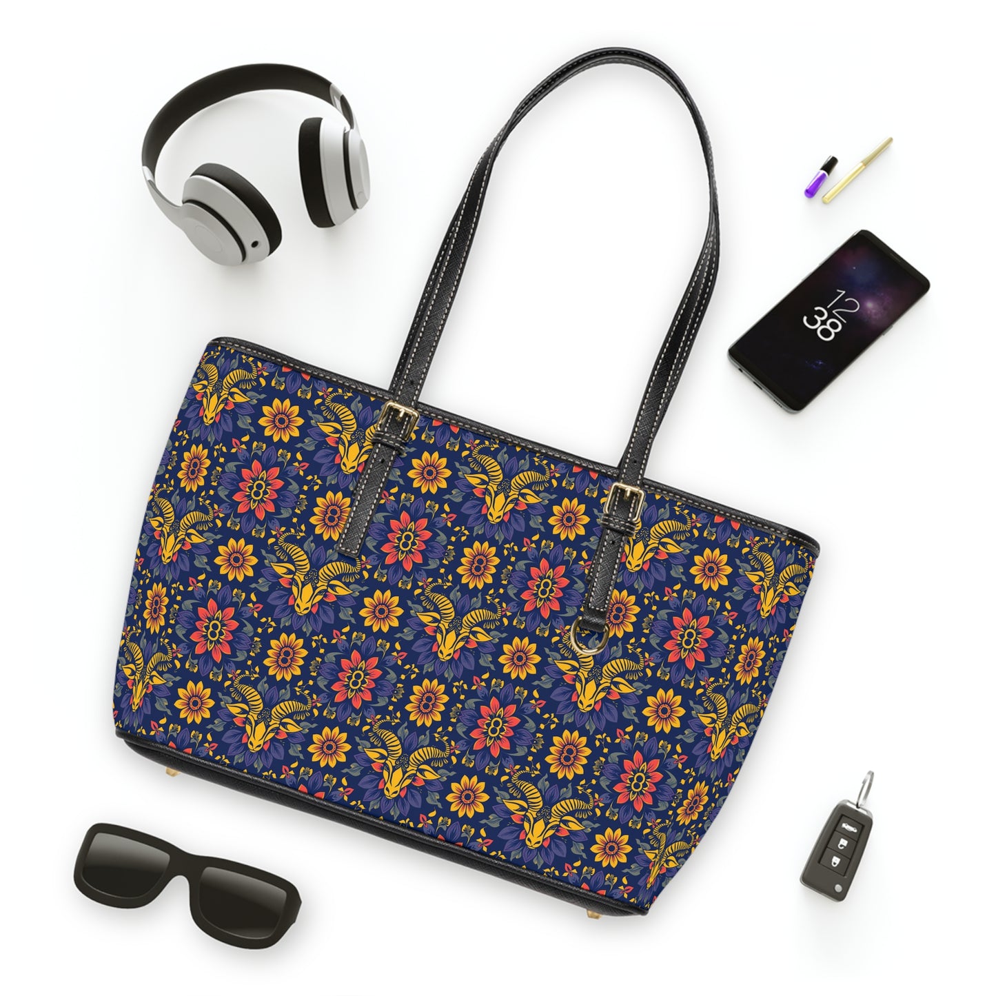 Leather Shoulder Bag, Taurus, Zodiac, Flower Pattern