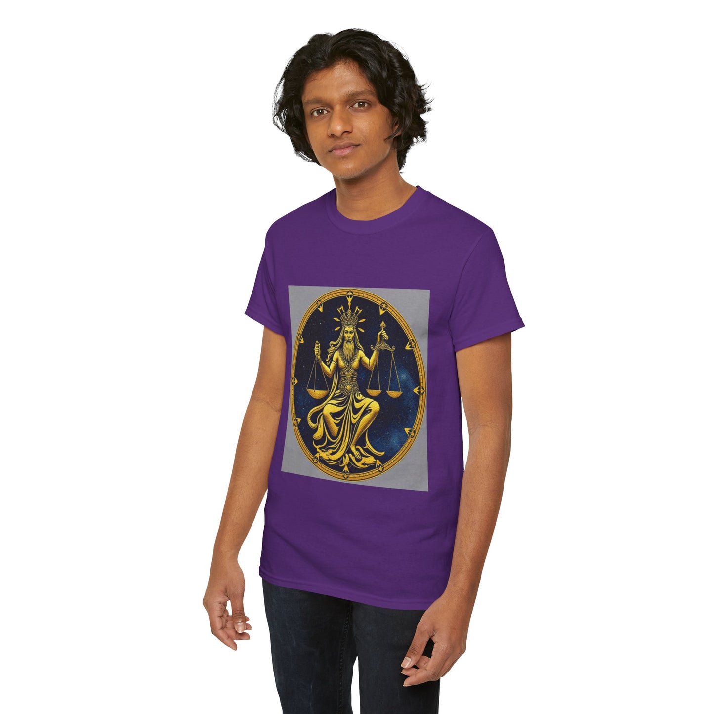 Unisex Heavy Cotton T-Shirt, Gold Libra God, Zodiac Design
