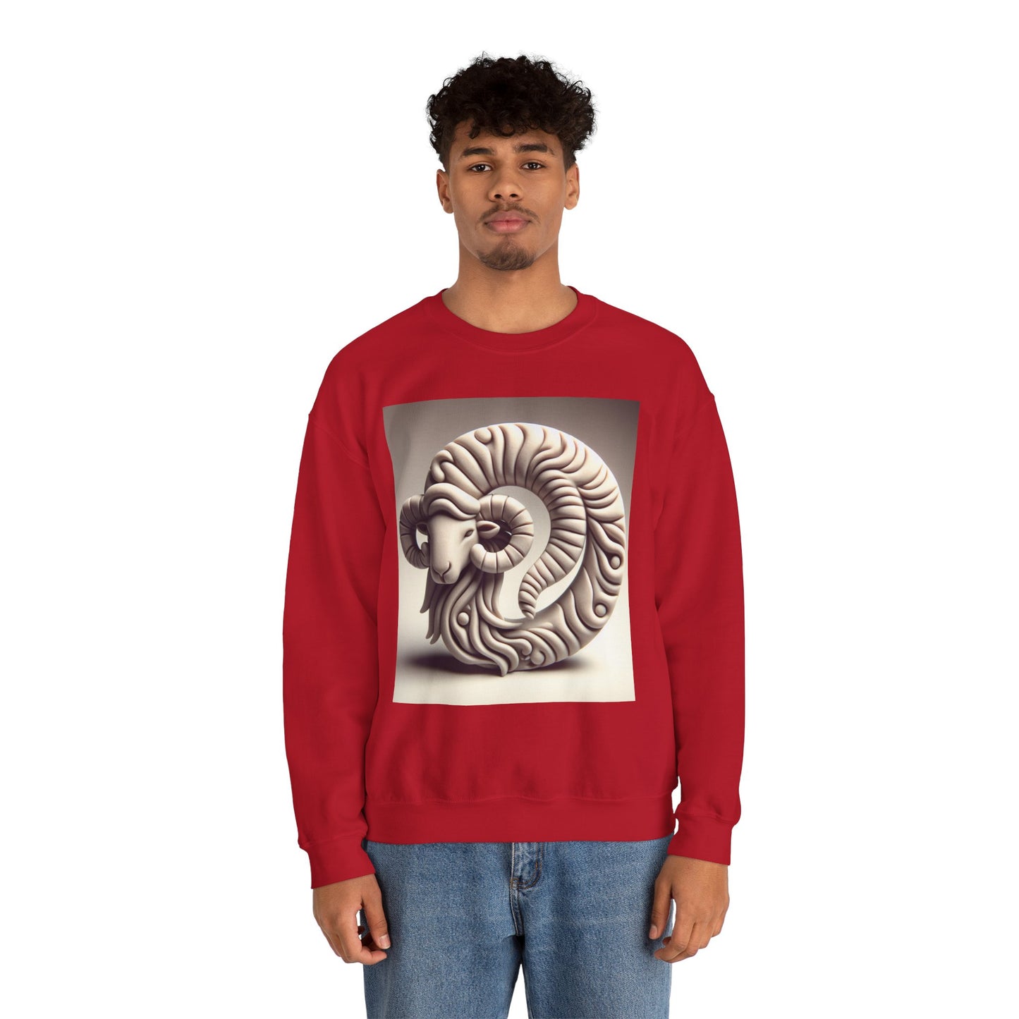 Unisex Heavy Blend™ Crewneck Sweatshirt, Round Statue, Aries Zodiac Design