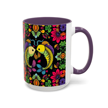 Accent Coffee Mug, Pisces, Zodiac v3, Flower Pattern, (11, 15oz)